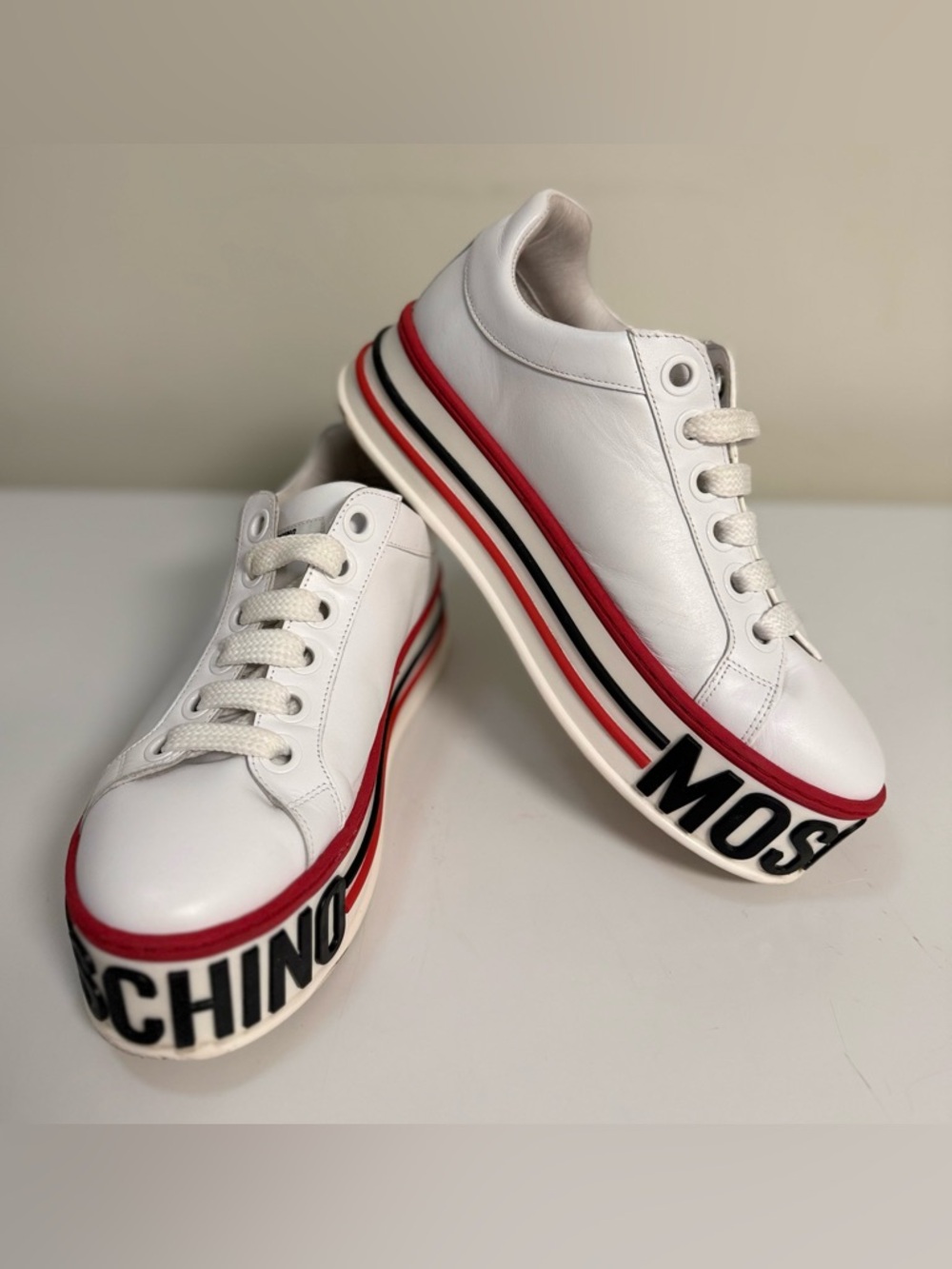 Moschino men’s women’s low top white leather platform sneakers tennis shoes 41